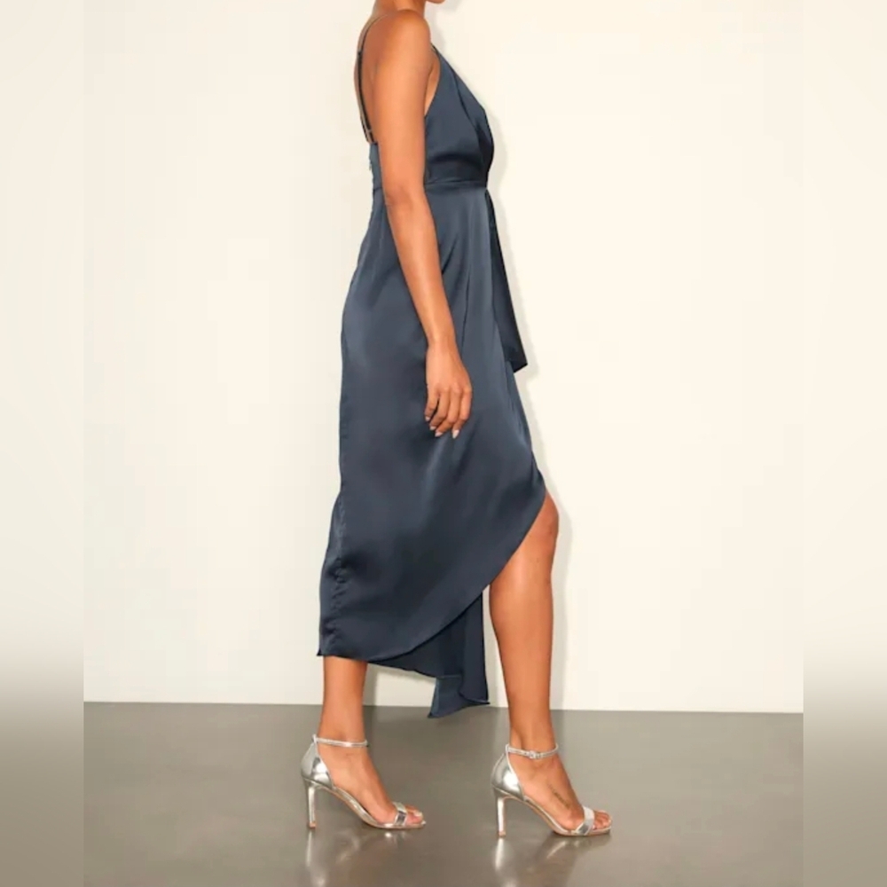 Lulus Caught Feelings Navy Blue Satin Ruffled Midi Dress Size XS - Picture 3 of 12